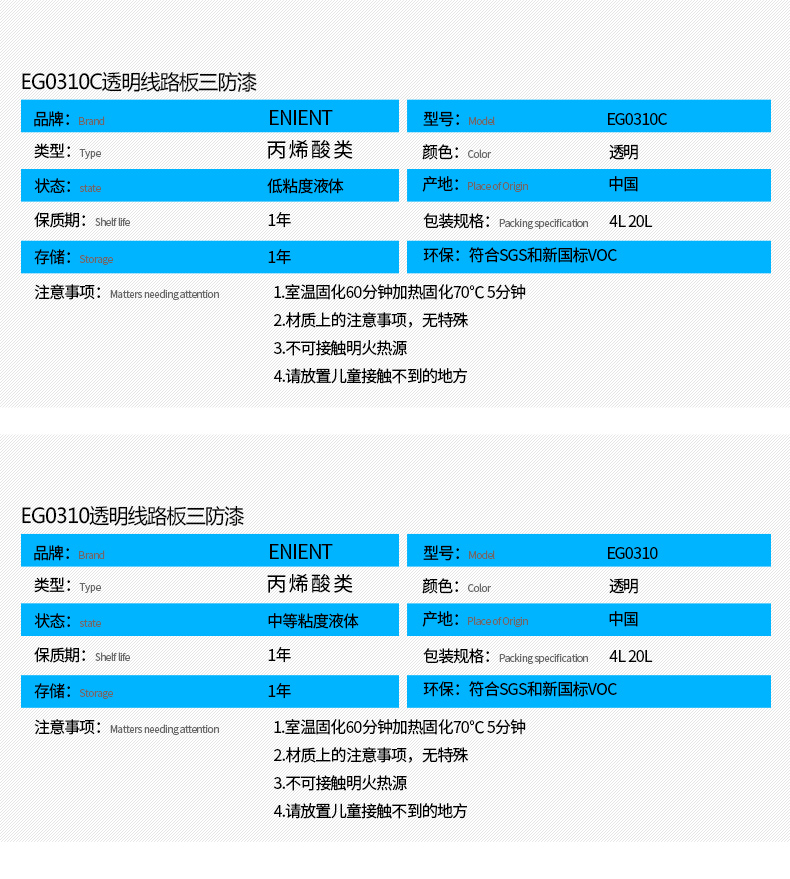 EG0310透明線路板三防漆具有優(yōu)異的防水、防潮、防塵、絕緣性能，同時耐冷熱沖擊、耐老化、耐輻射、耐鹽霧、耐腐蝕、耐振動、耐電弧，柔韌性、附著力等性能良好，帶熒光指示，可檢查噴涂是否到位。